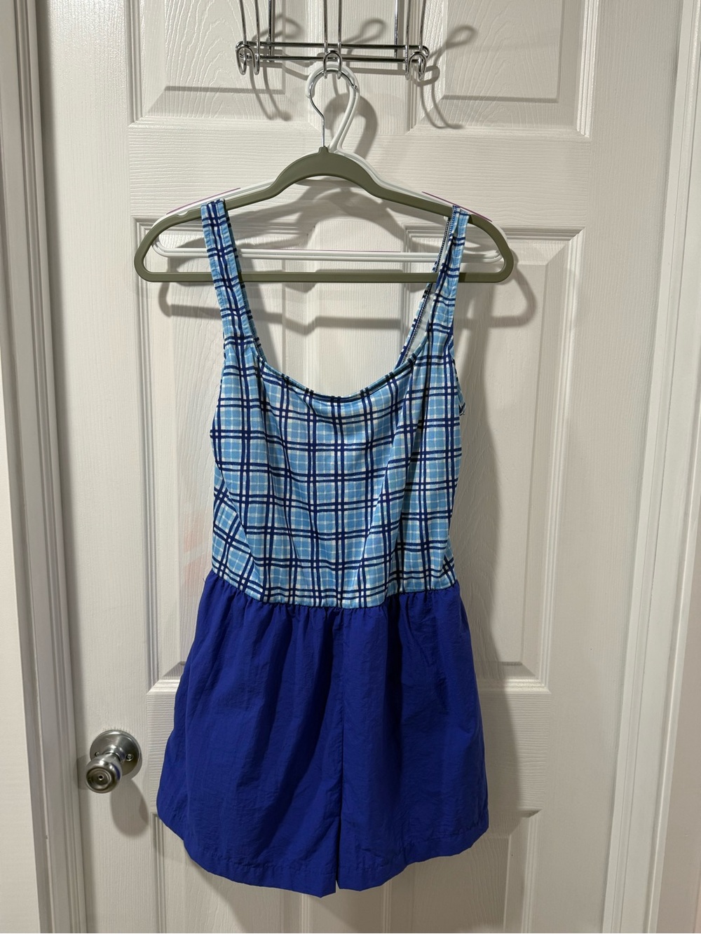 Vintage Gabar Blue Plaid Tank,Retro Swimsuit with attached shorts ,pockets